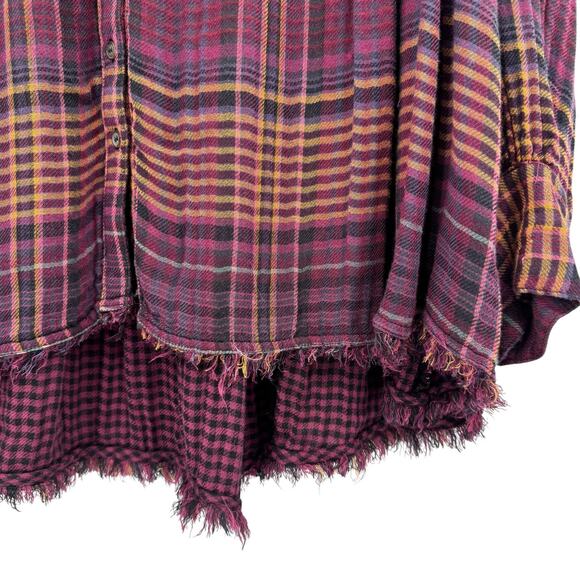 Free People Come On Over Maroon Wine Plaid Flannel Oversized Long Sleeve Shirt - Picture 9 of 14
